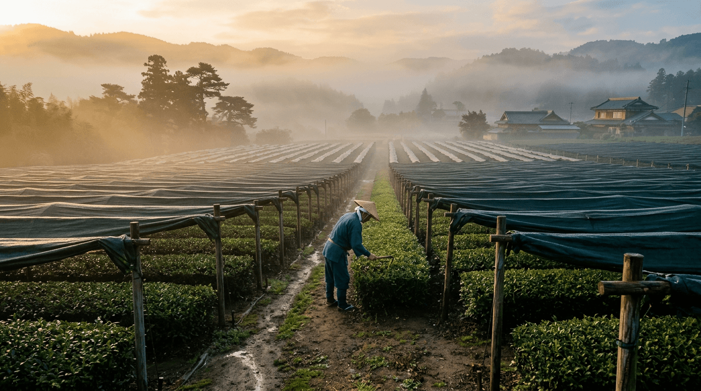 Jardins de thé au Japon au lever du soleil